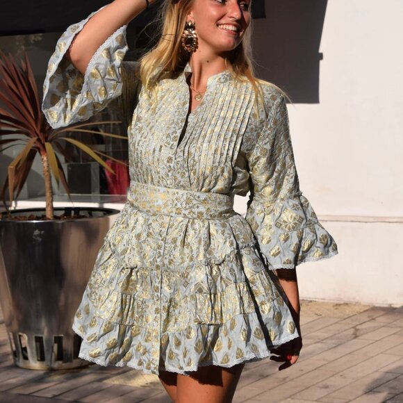 Pep's Cannes Versailles Mini Dress Jacquard Blue Teal Gold Belt Pleated Ruffled - Picture 3 of 16